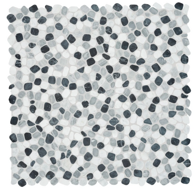 Image shows a 12x12 tile that has a pebble like look made of blueish green and white mosaic style natural stones