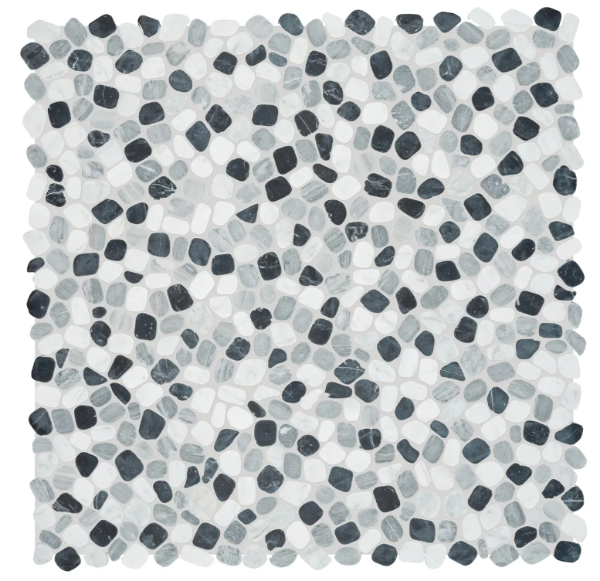 Image shows a 12x12 tile that has a pebble like look made of blueish green and white mosaic style natural stones