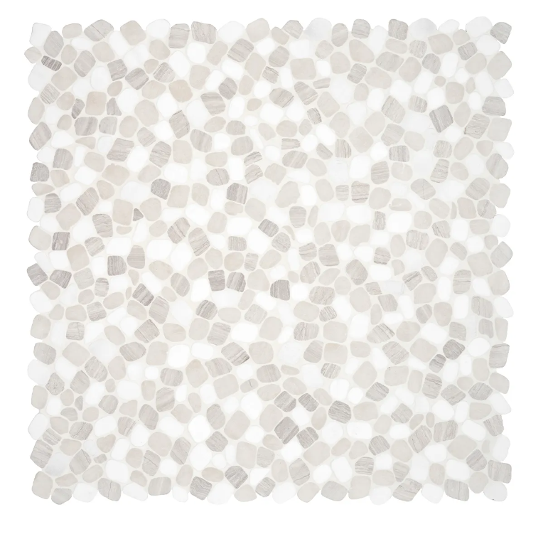 Image shows a 12x12 tile made of light colored mosaic natural stone pebble like tiles