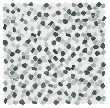 Image shows a 12x12 mosaic tile made from natural stone giving it a pebble like look i shades of green and white