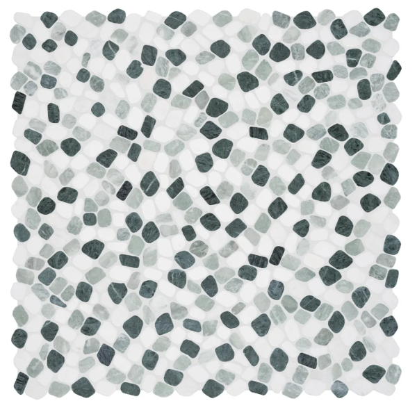 Image shows a 12x12 mosaic tile made from natural stone giving it a pebble like look i shades of green and white