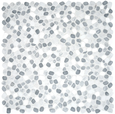 Image shows a 12x12 Mosaic tile made from natural stone creating a pebble like look in shades of grey and white