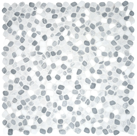 Image shows a 12x12 Mosaic tile made from natural stone creating a pebble like look in shades of grey and white