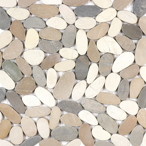 Image shows a 12x12 Mosaic pebble tile made of natural stone in brown tan and white shades
