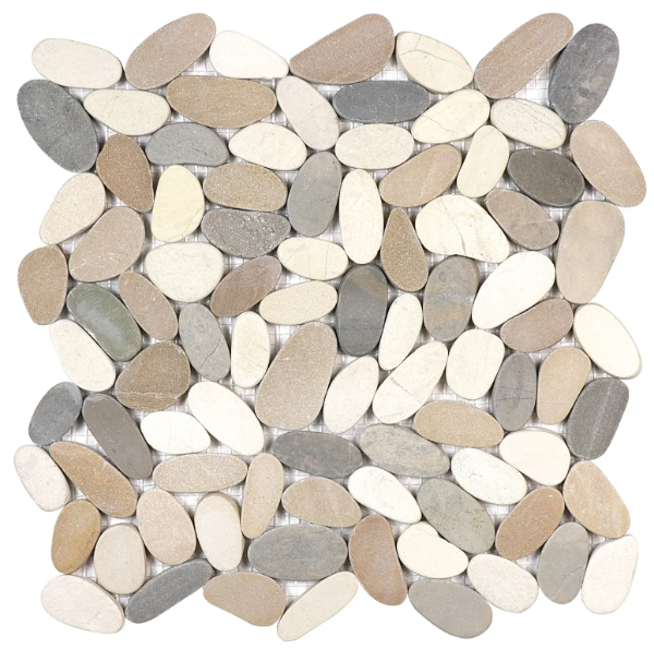 Image shows a 12x12 Mosaic pebble tile made of natural stone in brown tan and white shades