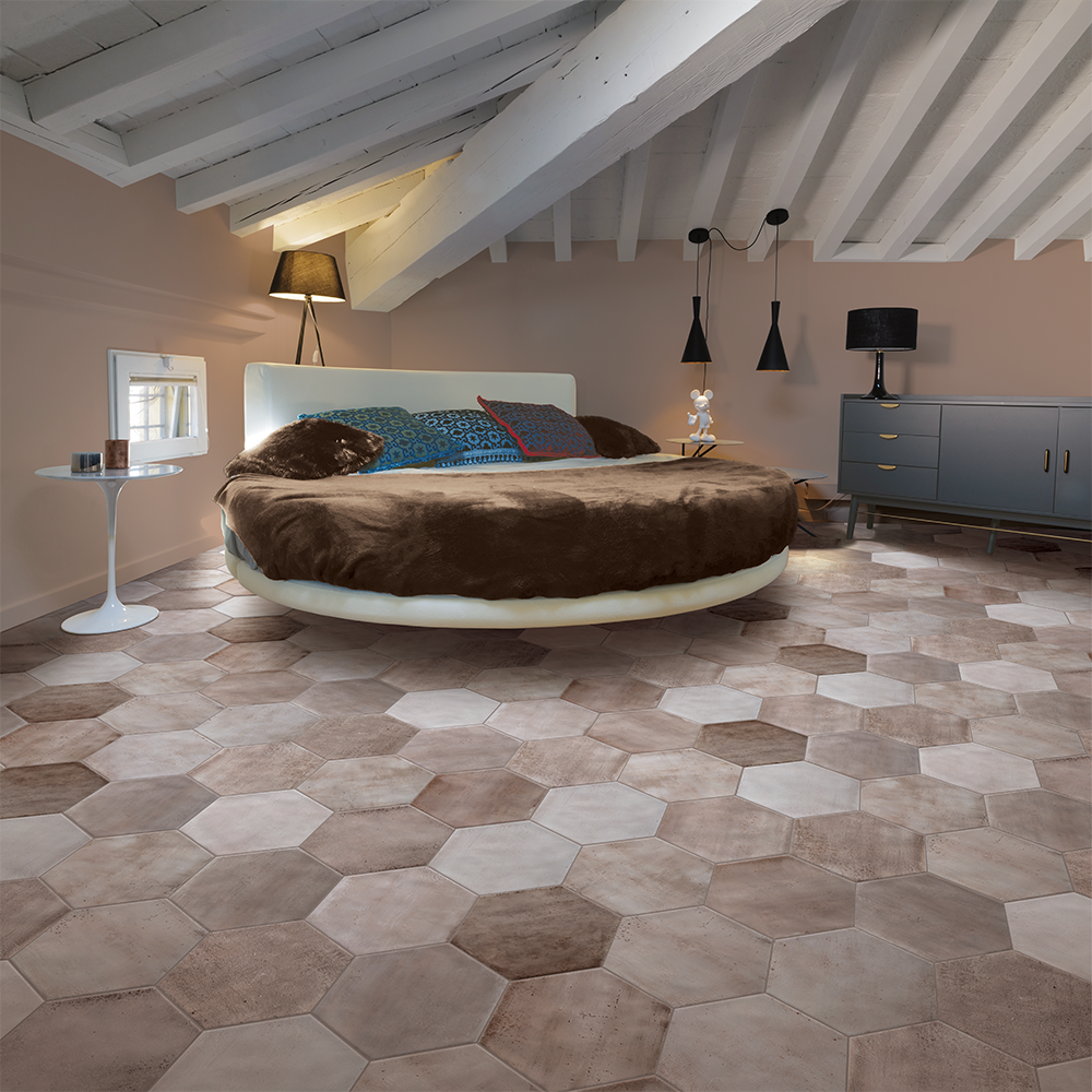 HUDSON 9.5X11 HEXAGON BEIGE MATTE ROOM SCENE