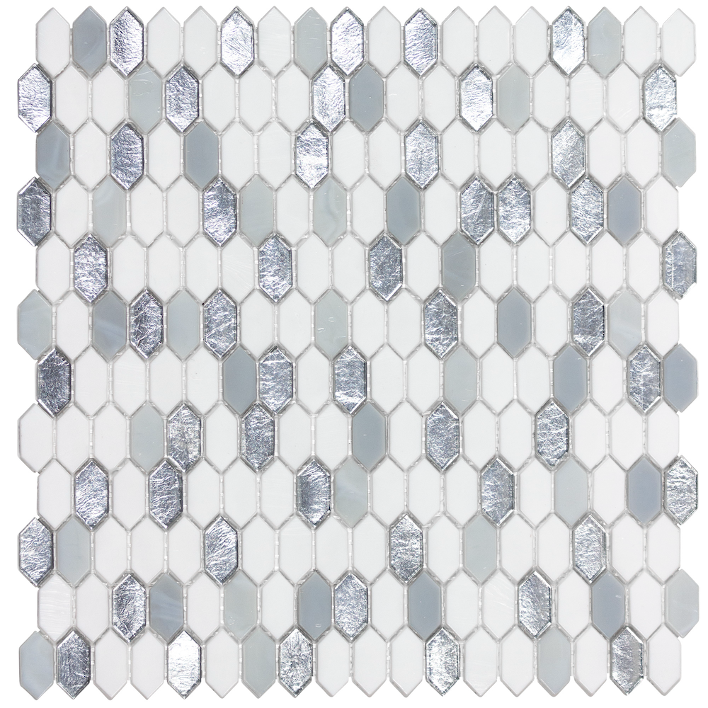 Shimmer 1-1/8" Mini Picket White Gray Metallic & Glass Mosaic Tile