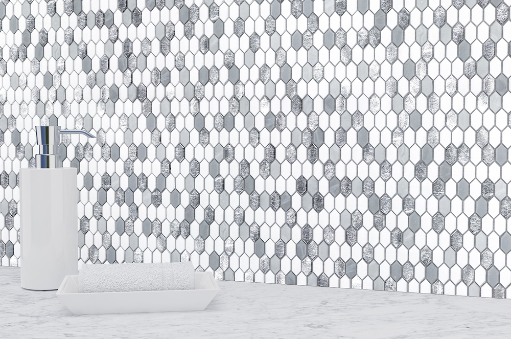 Shimmer 1-1/8" Mini Picket White Gray Metallic & Glass Mosaic Tile - SAMPLES